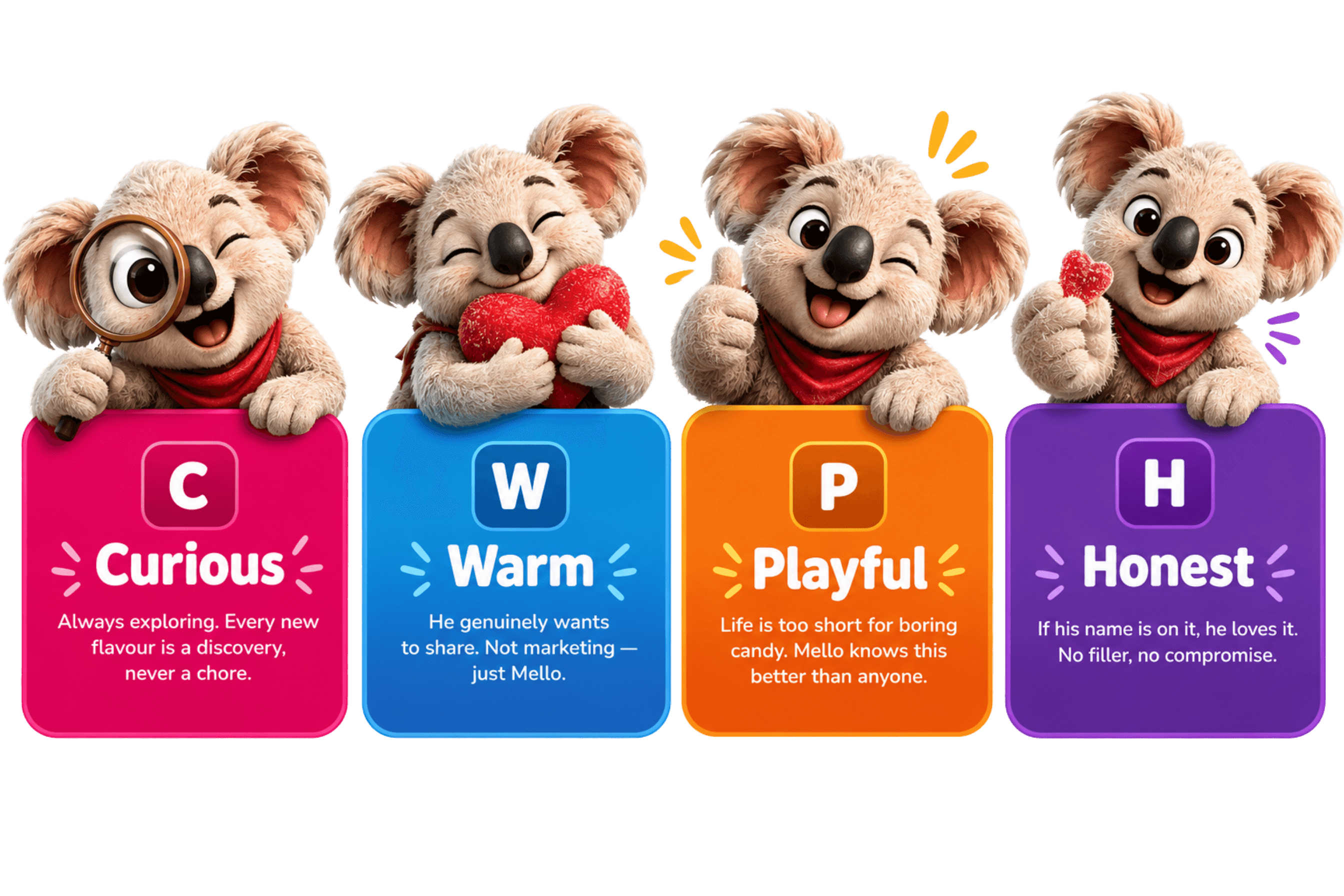 Mello's values — Curious, Warm, Playful, Honest