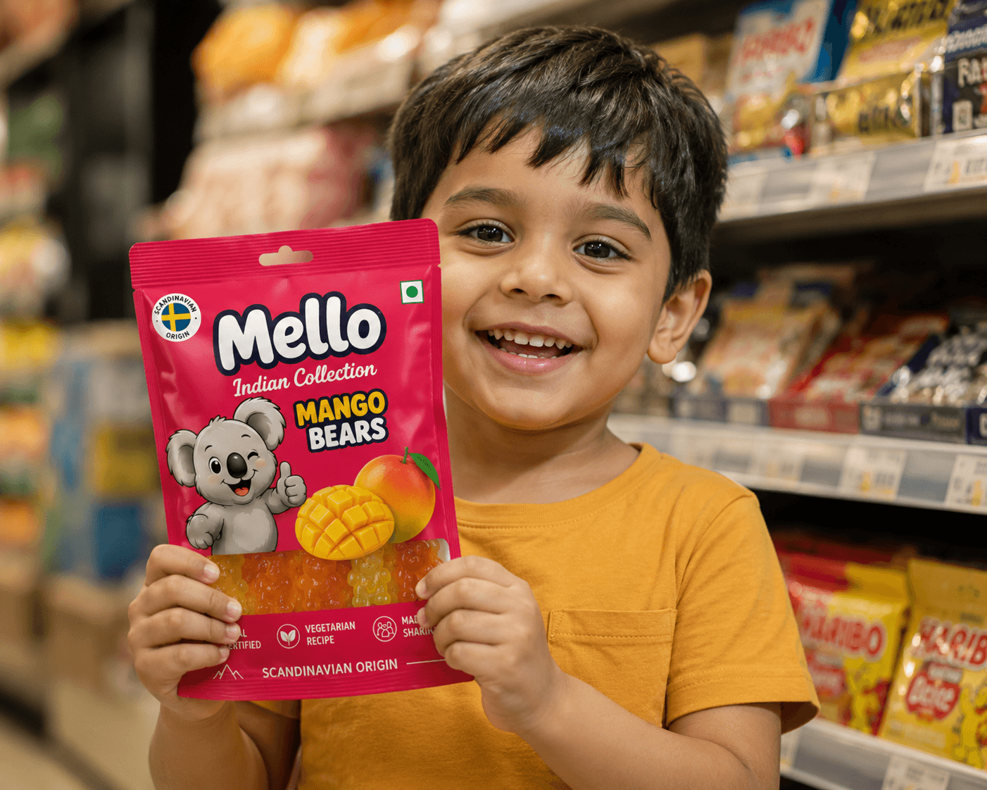A child holding a pack of Mello The Koala Mango Bears gummy candy in a retail store