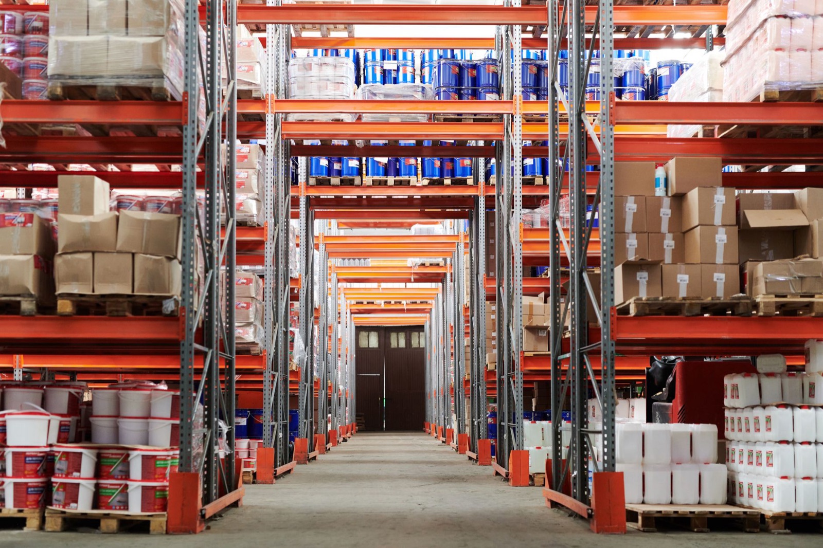 Warehouse with stocked shelves and boxes